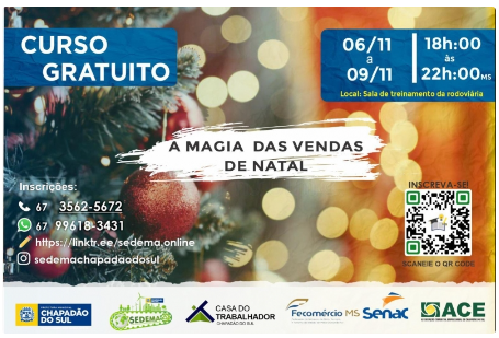 Imagem de compartilhamento para o artigo Prefeitura de Chapadão do Sul abre vagas para o curso A Magia das Vendas de Natal da MS Todo dia